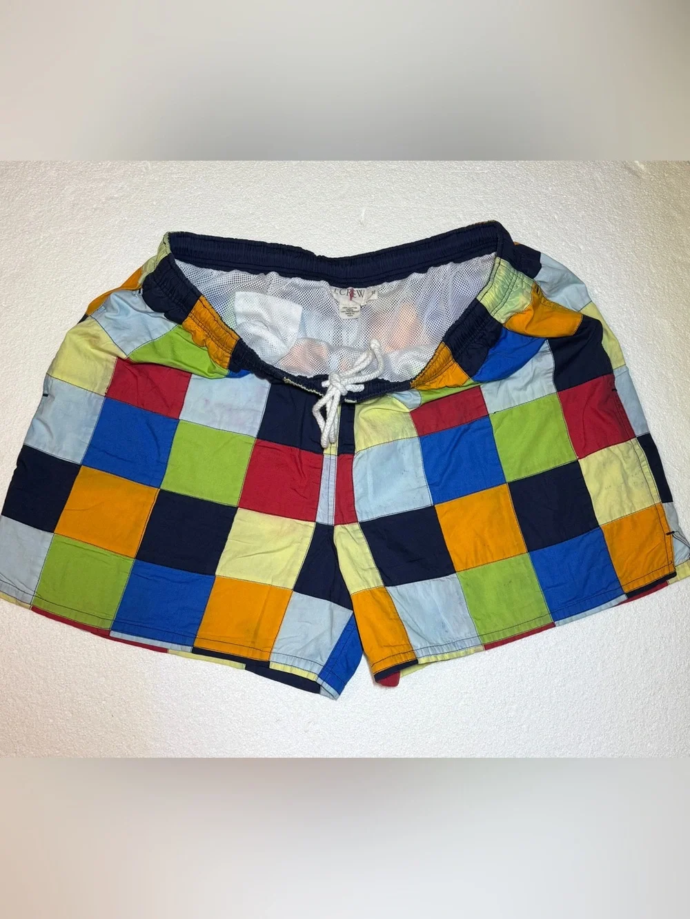 J. Crew Swim Shorts with White Drawstring Multicolored Patchwork Men’s XL